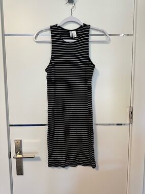 Sleeveless Black & White Striped Knit Dress